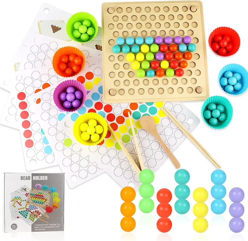 Holzspielzeug Farben Sortieren Motorikspielzeug Baby Spielzeug Holz Montessori Kugelspiel Brettspiel Lernspielzeug Sortierspiel Konzentrationsspiele für Kinder ab 3 4 5 6 jahre Clip Beads Brettspiel