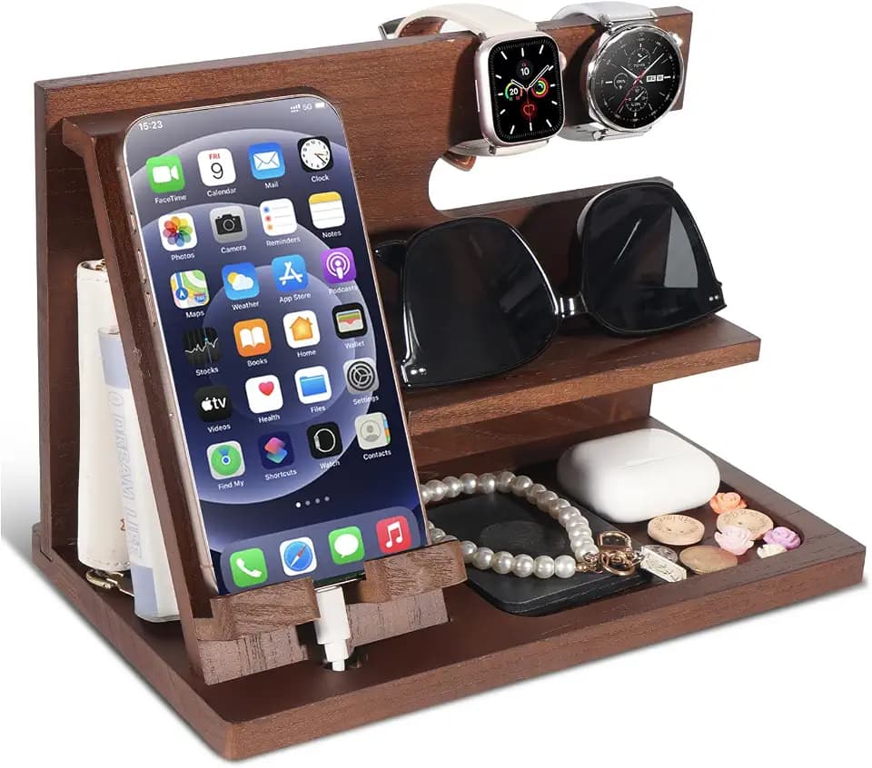 Geschenke für Männer Weihnachten Holz Telefon Dockingstation Schreibtisch Organizer Vatergeschenke Jahrestag Geburtstag Geschenke für Ihn Weihnachtsgeschenke für Männer Nachttisch Schlüssel