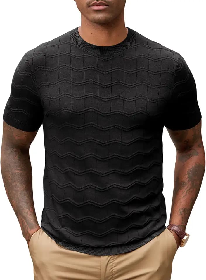 Herberton Men's Knitted Textured Tshirt Summer Casual Ribbed Stretchy Short Sleeve Tee (S-2XL)