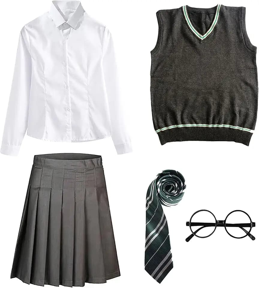 Zauberer Set Bluse Rock Weste Krawatte Brille Kostüm Zubehör für Kinder Erwachsene Zubehör Set Striped Tie Gestreifte Krawatte zum Karneval Fasching Halloween