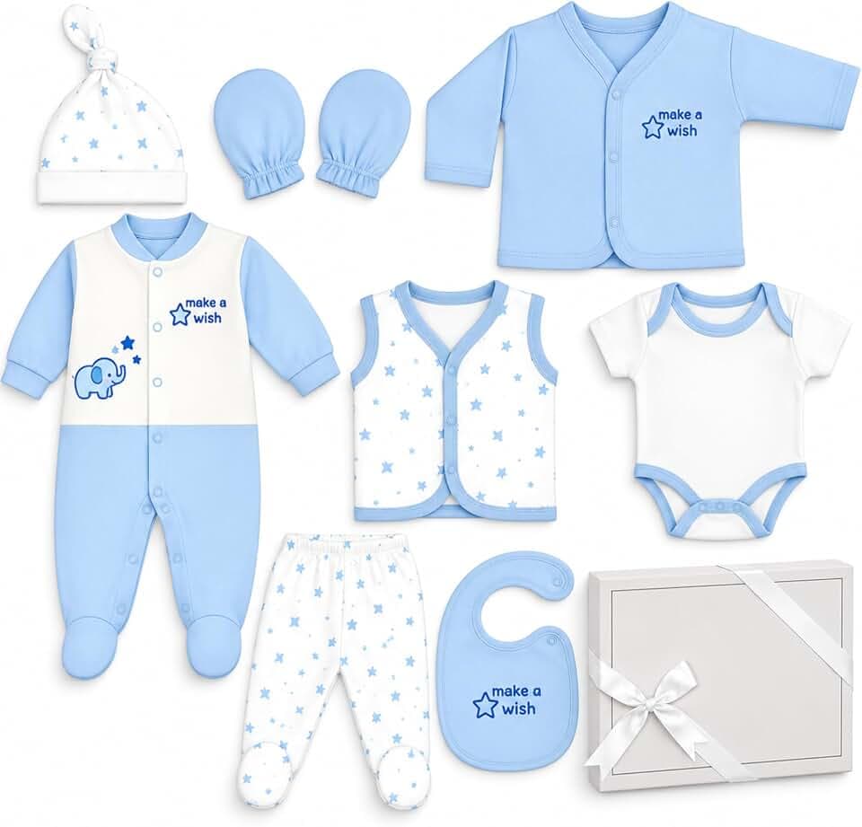 Blue Eyes Baby Geschenk Set Junge – 8-teiliges Neugeborenen Geschenkset aus 100% Baumwolle, Erstausstattung zur Geburt 0–4 Monate (Stern Blau)