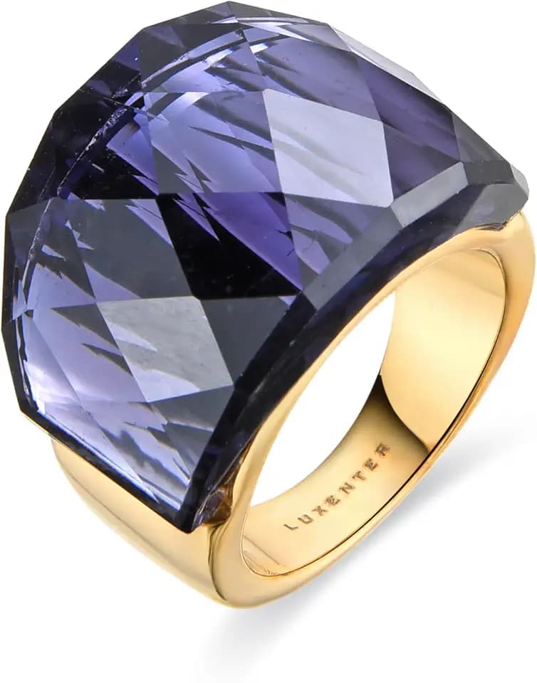 LUXENTER Fadino Ring mit Hydrothermalquarz Onix, 18 Karat Gelbgold, Metall, Quarz