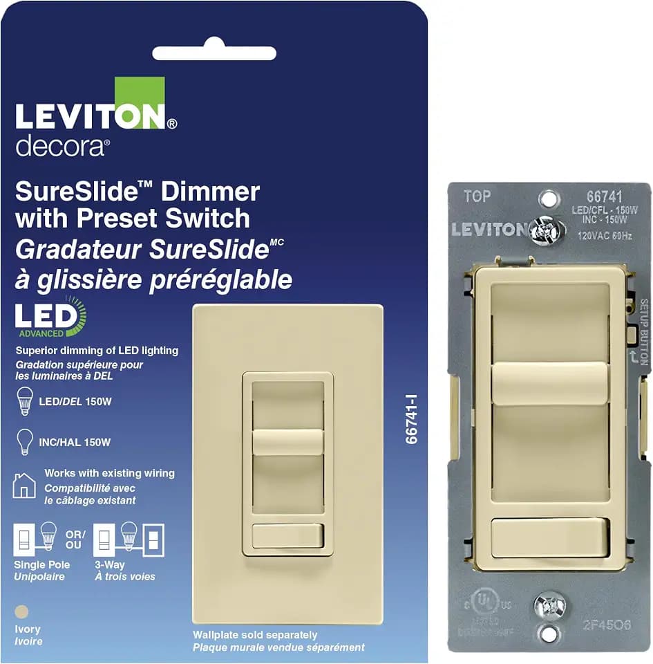 Leviton SureSlide LED Advanced Dimmer Switch for 150W Dimmable LED, Halogen and Incandescent Bulbs and Fixtures, 66741-I, Ivory