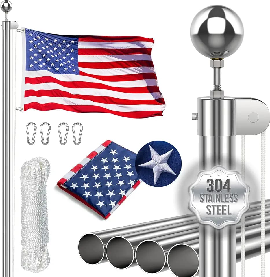 25FT Heavy Duty Flag Pole for Outside House, Full Body 304 Stainless Steel In Ground Flagpole with 3x5 American Flag, 130MPH Wind Resistant for Residential or Commercial Use