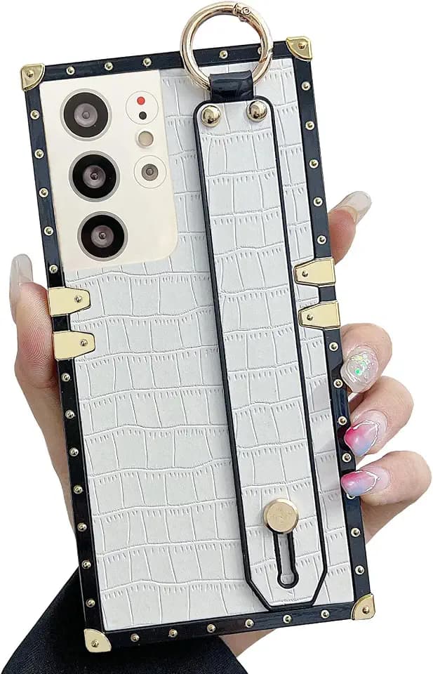 Compatible for Samsung Galaxy S21 Ultra Case Designer with Wristband Strap Luxury Crocodile Leather Women Girls Kickstand Holder Protective Phone Cover for S21 Ultra 5G 6.8"(White)