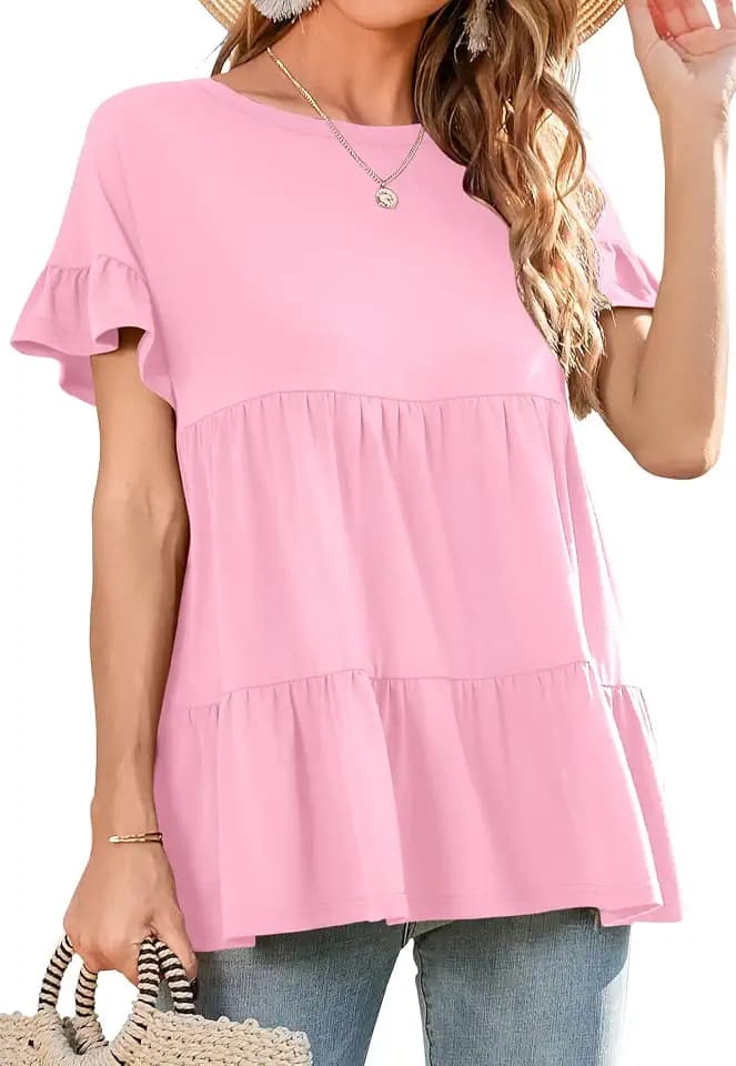 Neineiwu Women's Ruffle Sleeve Peplum Babydoll Tops Crewneck Summer Shirt
