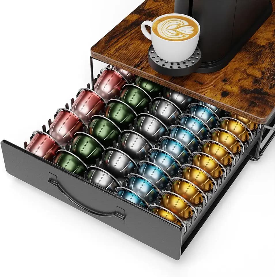 Kapselhalter für Nespresso Vertuo Kapseln, Kaffeekapselhalter mit Holzmaserung Platte, Rutschfester Geräuschloser Kapselspender für 60 Vertuo Kapseln, Metall Kaffeekapseln Schublade (Vintage)