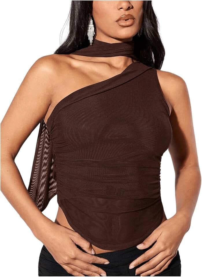 MakeMeChic Women's Halter Scarf Sexy Sheer Mesh Tops Ruched Off Shoulder Asymmetrical Neck Crop Tank Top Going Out Clubwear
