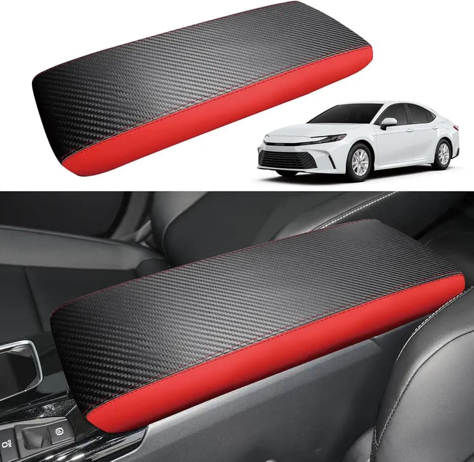 for Toyota Camry 2025 Car Armrest Cover Waterproof Center Console Pad Covers Scratch Resistance Box Cover Leather Protector Pad Decoration Accessories(Carbon Fiber + Red)