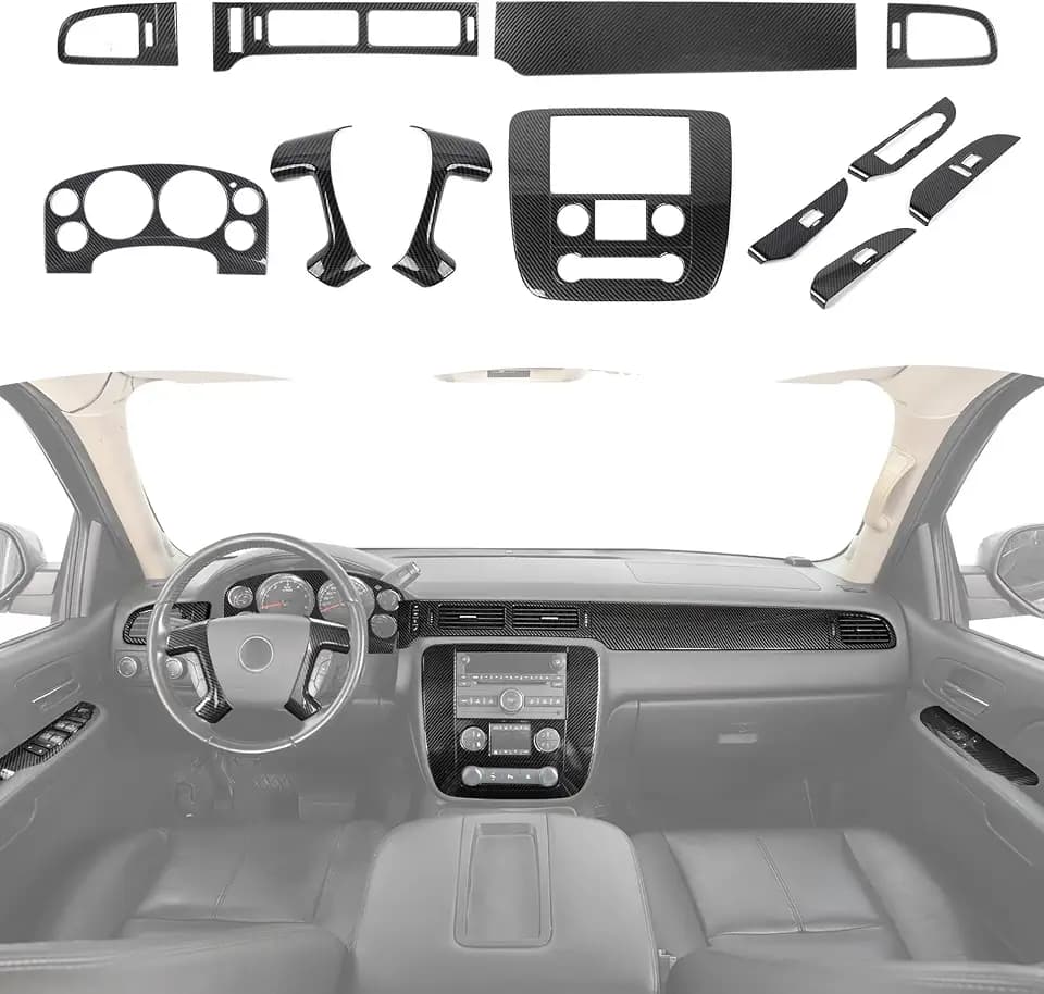 RT-TCZ Carbon Fiber Interior Trim Kit Cover Center Console Decoration Accessories for Chevy Avalanche/Suburban/Tahoe 2007-2013,for GMC Yukon/Sierra 2007-2013,12PCS