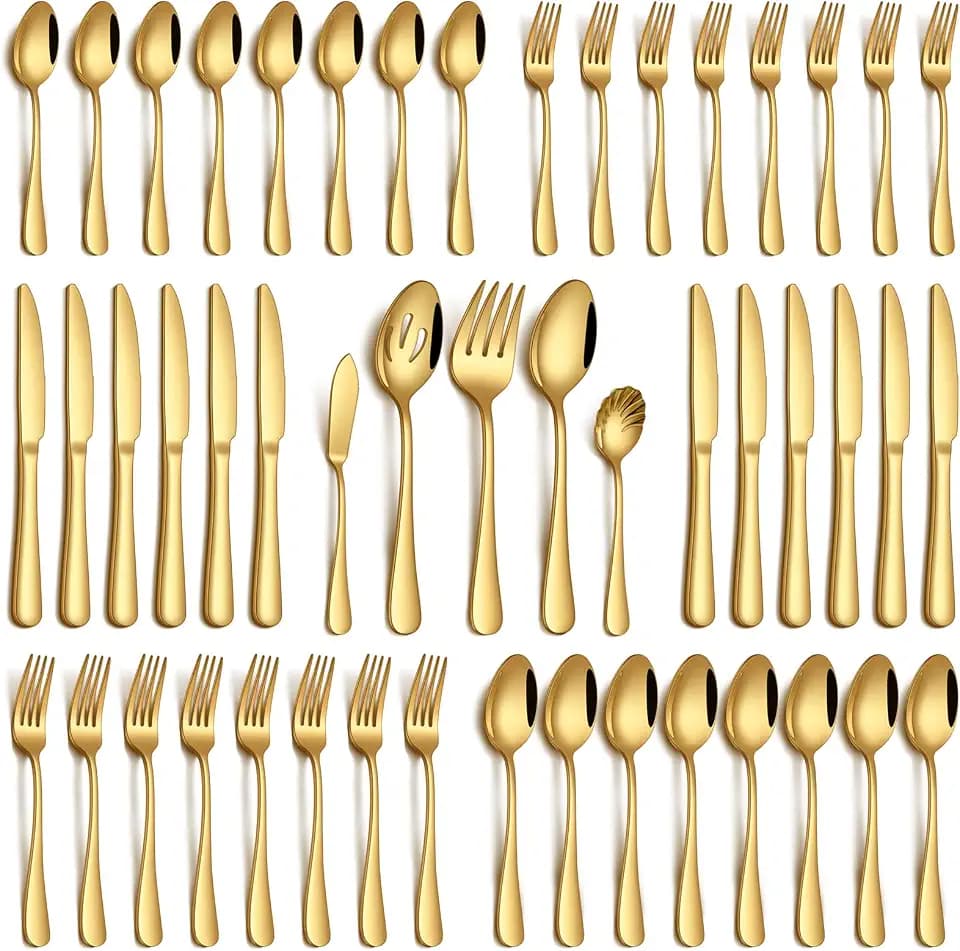 PHILIPALA 45 Piece Gold Silverware Set with Serving Utensils, Stainless Steel Flatware Set for 8 Food Grade Novelty Cutlery Utensil Set Include Knife Fork Spoon Mirror Polished Dishwasher Safe