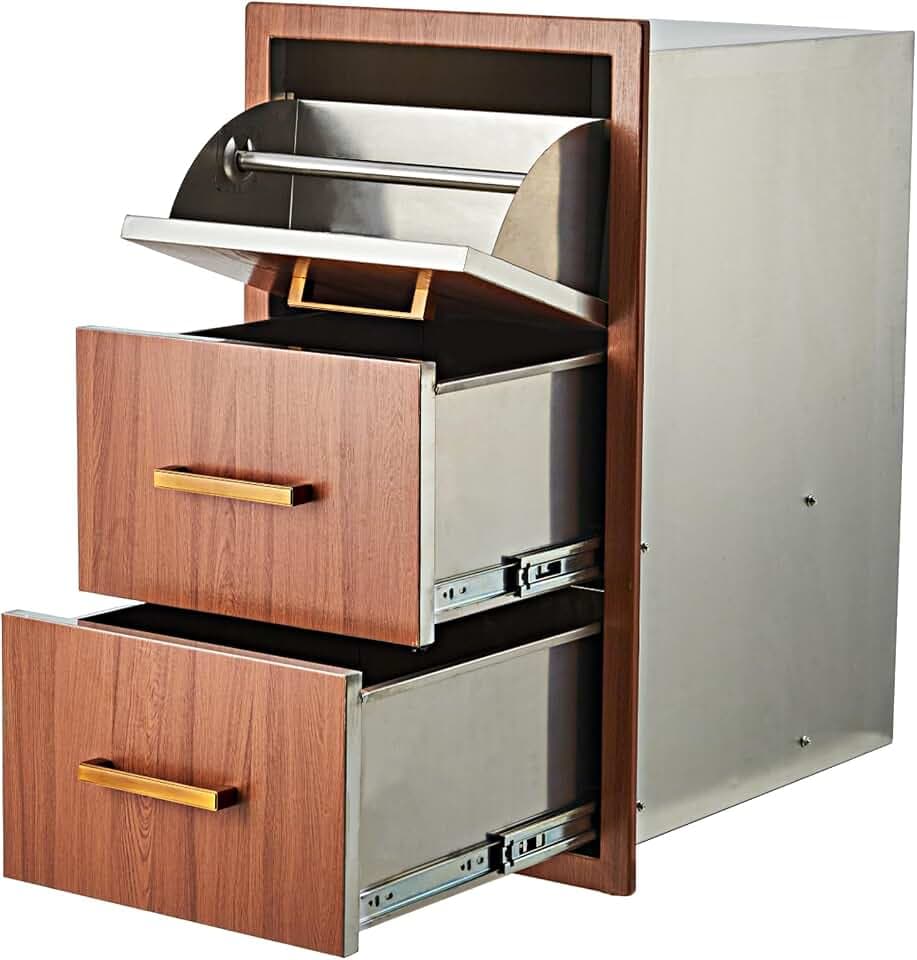 Garvee Outdoor Kitchen Drawers 17" W x 30" H x 21" D, Flush Mount Triple BBQ Drawers with Stainless Steel Handle, Paper Towel Holder Combo for BBQ Island, Patio Grill Station