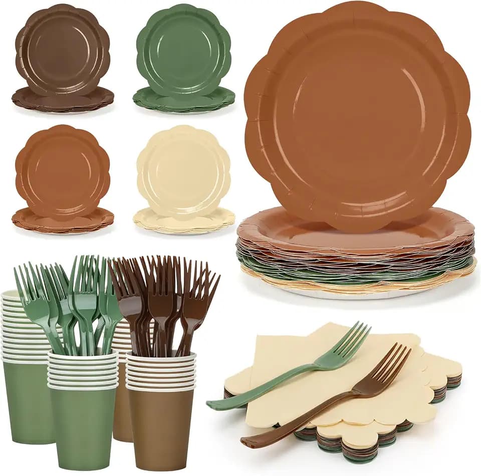 192Pcs Woodland Plates and Napkins Party Supplies, 9’’ Disposable Scalloped Sage Green and Brown Paper Plates, Woodland Baby Shower Party Decorations for Birthday, Animals Safari Party, Serves 48