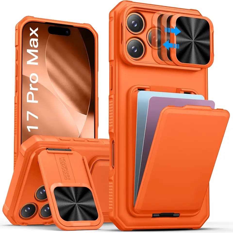 SSLOTSCASE for iPhone 17 Pro Max Case with Card Holder & Kickstand, Orange