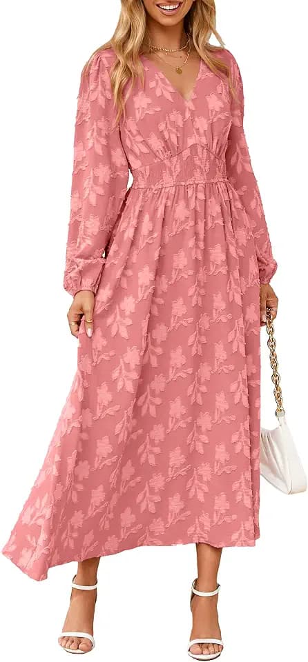 Simplee Womens Boho Floral Long Sleeve Maxi Dress V Neck Empire Waist Fall Wedding Guest Dresses with Pockets
