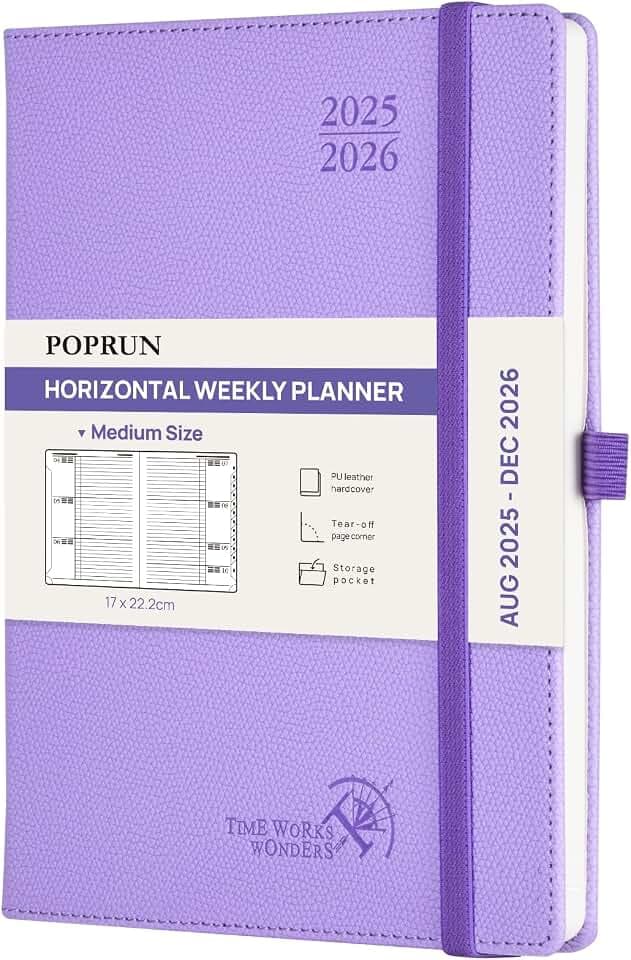 POPRUN Kalender 2025 2026 Horizontale Wochenplaner (Aug.2025-Dez.2026) – ca.A5 Terminkalender mit PU-Leder, 17-Monats-Organizer,1 Woche 2 Seite, Stabilem Hardcover, Lavendel