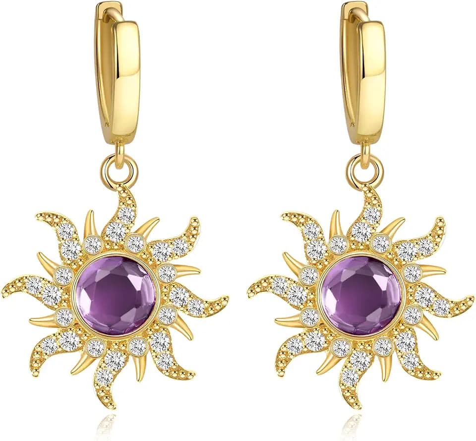 Purple Sun Dangle Huggie Hoop Earrings, Princess Rapunzel Jewelry