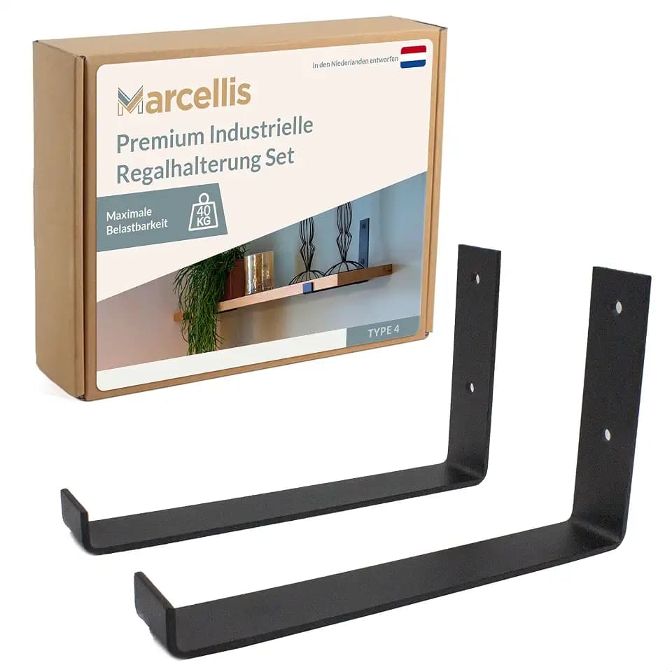 Marcellis Premium Regalhalterung für 25 cm breite Bretter, Matt Schwarz, 2x Industrielle Regalhalterungen (40 kg Tragkraft) - Hochwertige Verarbeitung und Montagematerial - 15x4x25,2 cm (HxWxD)