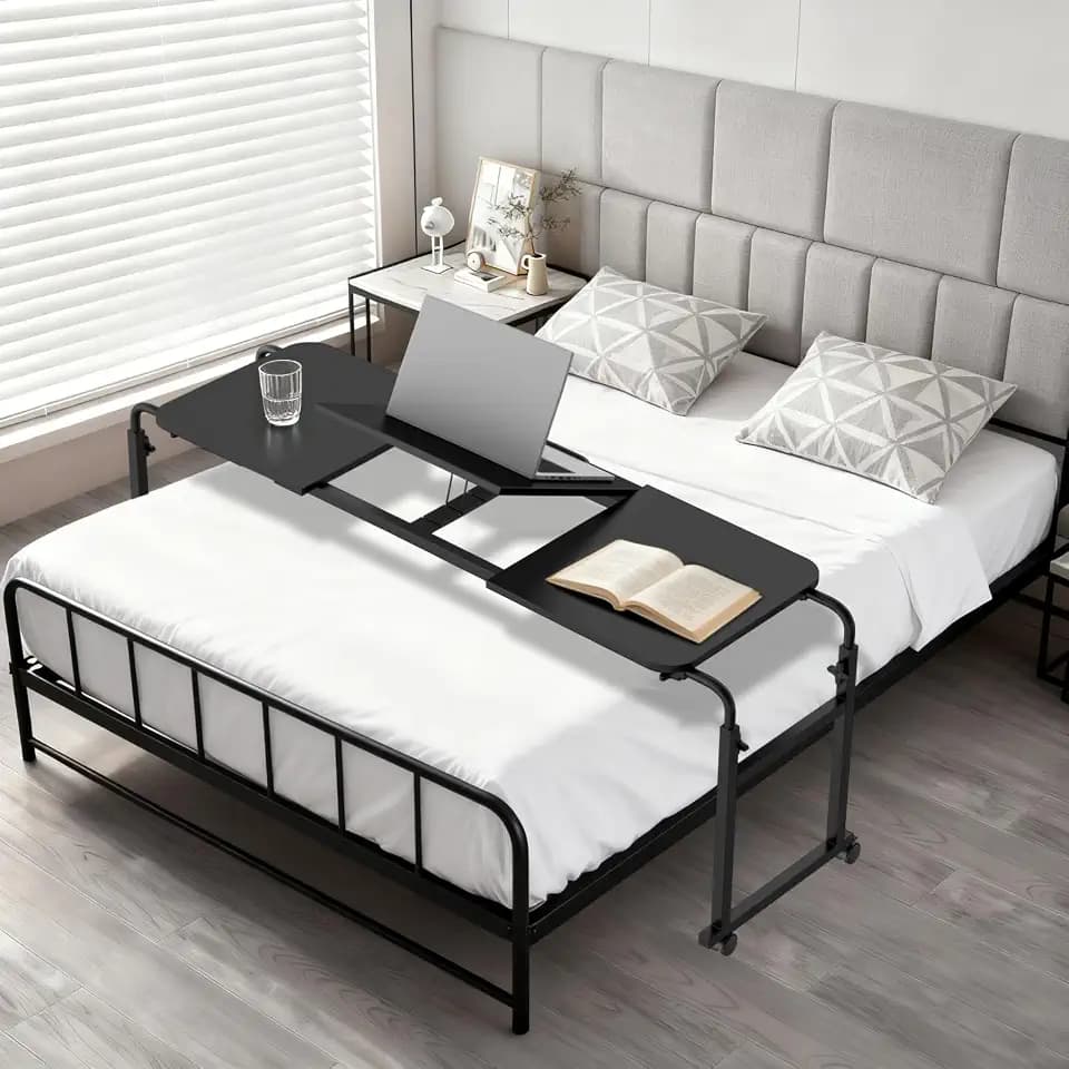 Overbed Desk with Wheels, Adjustable Height Over The Bed Table, King Queen Mobile Over Bed Desk, Overbed Table with Tiltable Tabletop for Laptop and Bedroom Work (Black, 55 * 16IN Tiltable)