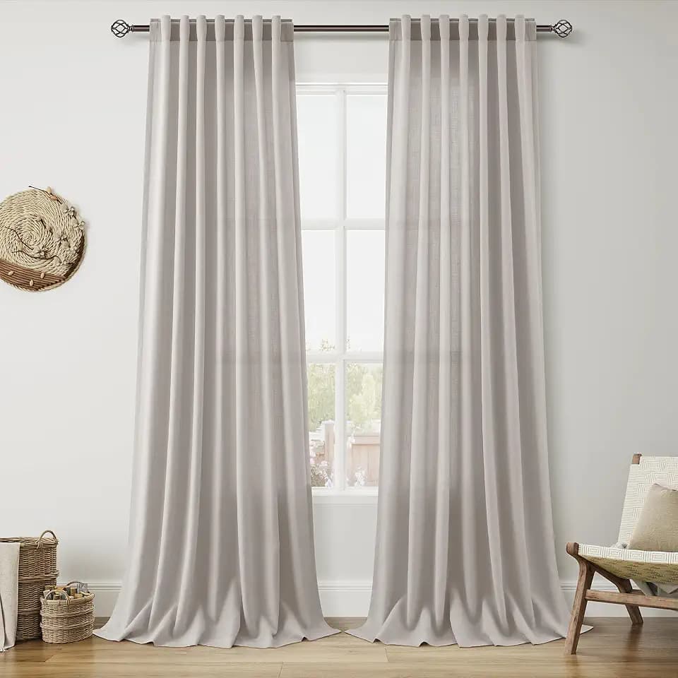 Stone Grey Linen Curtains 108 Inches Long for Living Room Simple Modern Light Filtering Semi Sheer Curtain Back Tab Rod Pocket Neutral Luxury Floor to Ceiling High Window for Bedroom 52x108, 2 Panels