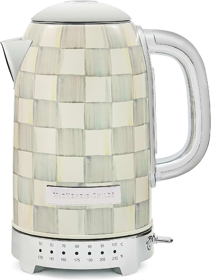MACKENZIE-CHILDS Electric Kettle, 8 Cups, Gray-and-White Sterling Check