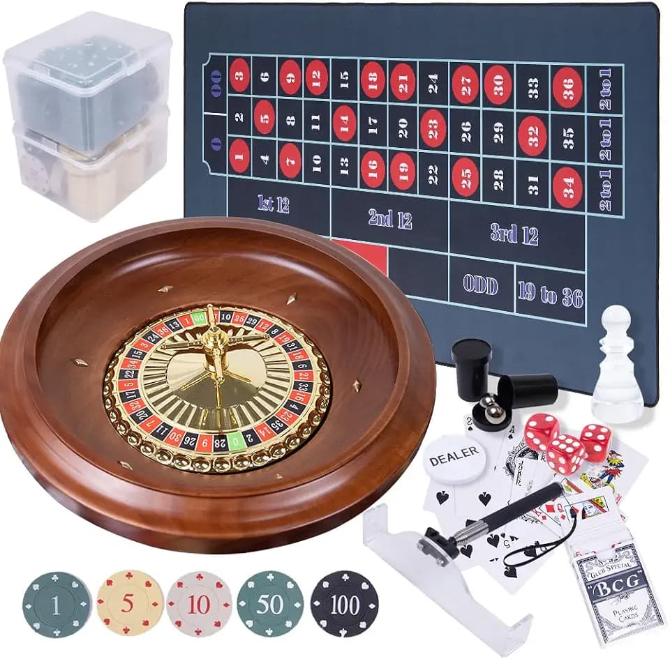 Extguds Roulette Wheel Game Set with Large Felt, 16 Inch Roulette Wheel, Retractable Chip Rake, 200 Chips, Roulette Marker, 2 Decks of Cards, 3 Dices, Canvas Bag, Commonly Used Games at Parties