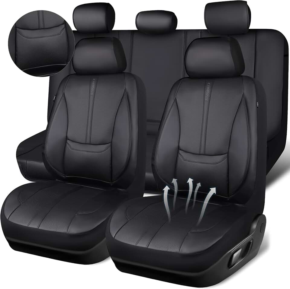 CAR PASS Nappa Leather Car Seat Covers Full Set, Water Resistant 3D Foam Seat Covers with Lumbar Support, Automotive Seat Covers 5 Seats Comfort & Universal Fit for Cars SUV Truck, Black