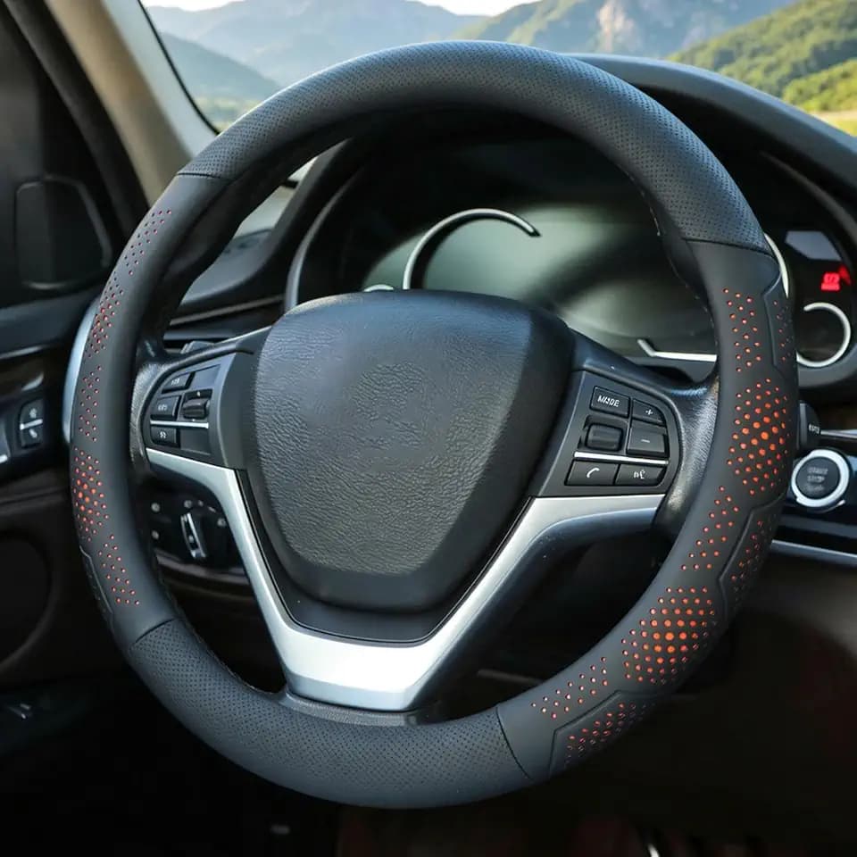 Leather Steering Wheel Cover for Chevy Silverado 1500 2500 3500, for GMC Sierra 1500 2500 3500, for Toyota RAV4 Corolla Camry, for Jeep Wrangler Grand Cherokee Compass, 14.5-15 inch (Orange)