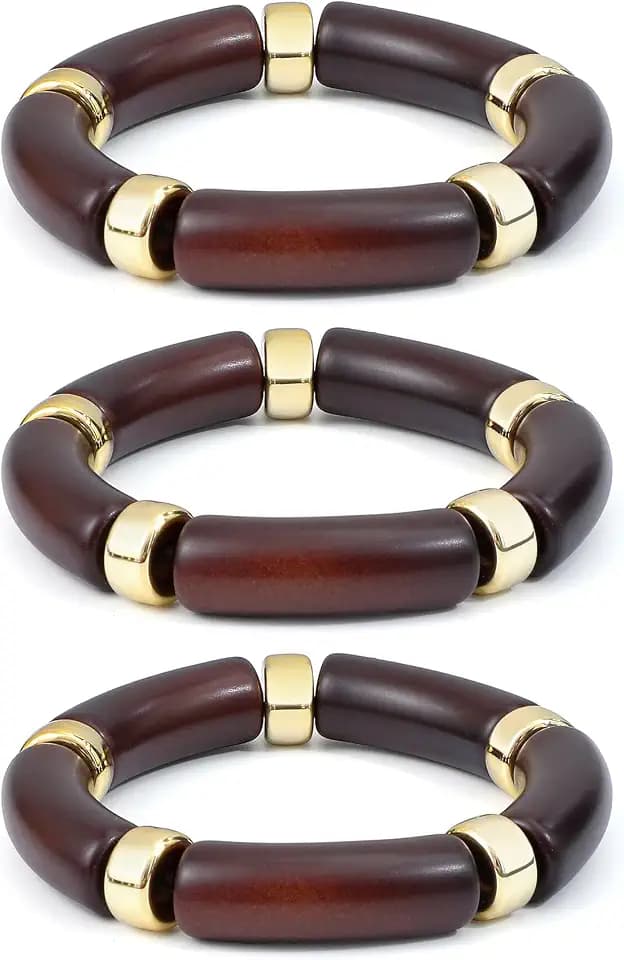 GOOJIDS Simple Beaded Gold Plated Bangles Bracelet Chunky Bamboo Tube Curved Stacking Clear Acrylic Colorful Beads Stretchable Gold Plated Bracelets Set For Women