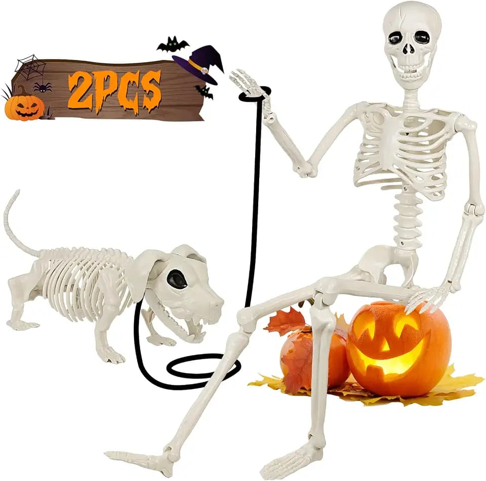36'' Halloween Skeleton Decorations with Dog Skeleton: 3FT Posable Skeleton