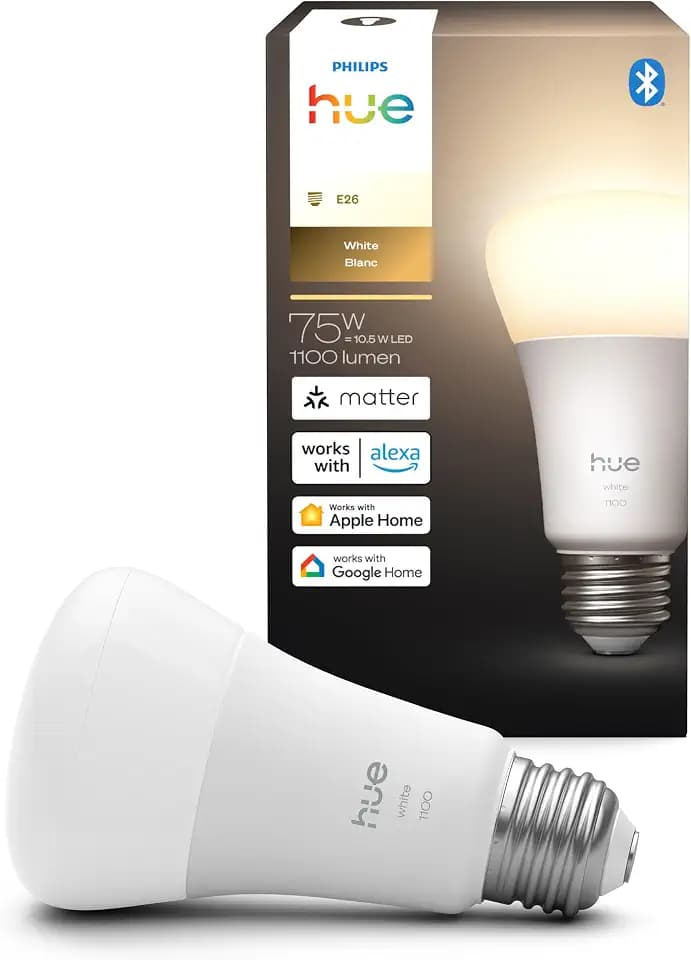 Philips Hue Smart LED A19 Bulb 1-Pack, Warm White Light 2700K, E26 Base, 10.5W, 1100 Lumens, Dimmable, Works with Alexa, Google Assistant, and Apple Home