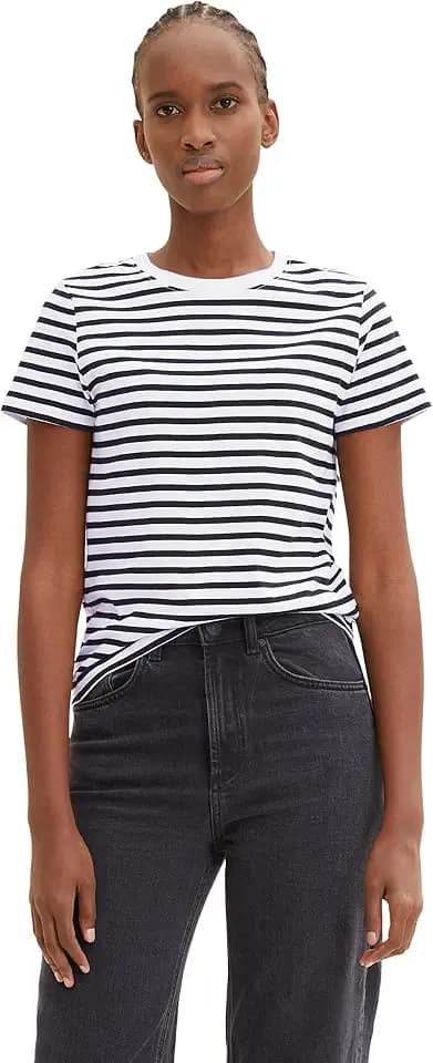 TOM TAILOR Denim Damen Boxy Fit T-Shirt mit Streifen aus Bio-Baumwolle