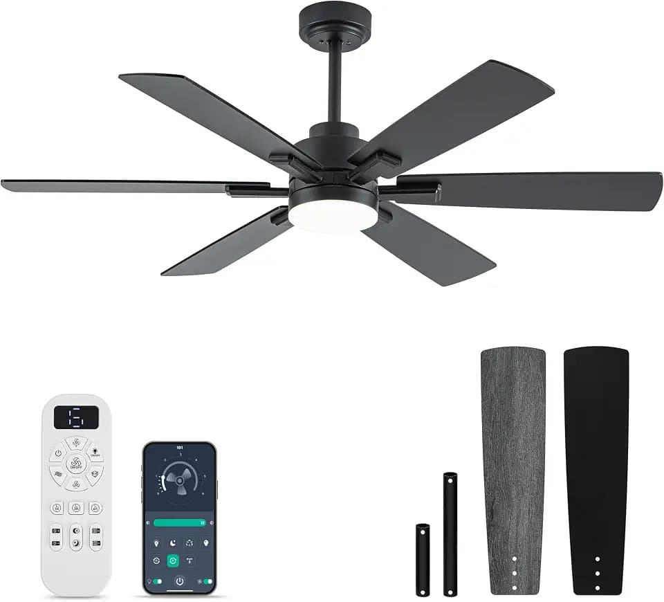 OURSTAR Ceiling Fans with Lights and Remote Control, Black Ceiling Fan with Light 3-Color LED Dimmable, Memory for Lighting and Fan Reversible, 6-Speed, Timer, Indoor/Outdoor Use, 52 Inch