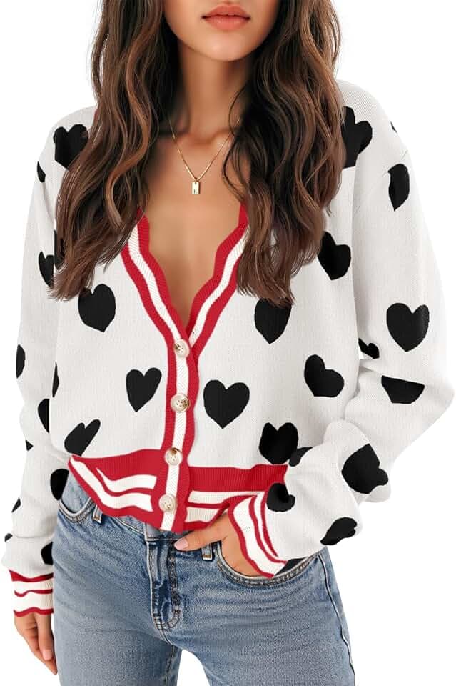 Saodimallsu Womens Cute Heart Cardigan Sweaters Button V Neck Long Sleeve Color Block Knit Valentines Sweater
