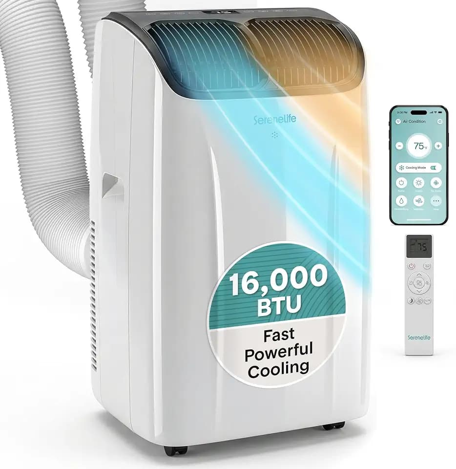 SereneLife 16,000 BTU Smart Inverter Portable Air Conditioner | Dual Hose Portable AC Unit with Heat, Dehumidifier & Fan | Wi-Fi Enabled Compact Standing Air Conditioner with Window Kit