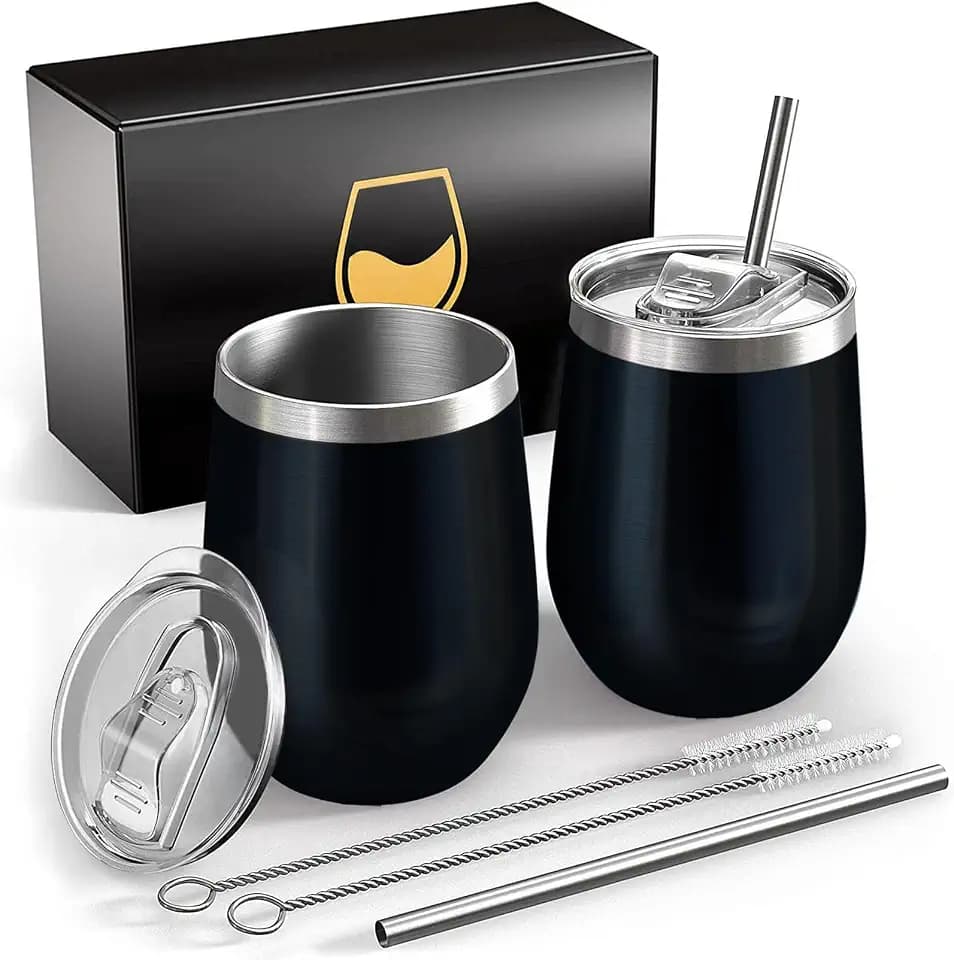 Weinbecher aus Edelstahl, 2 Stück 12OZ Weingläser to go, hält 5h heiß/ 10h kalt, BPA-frei, Doppelwandigen Vakuumisoliert Weinglas, Camping Geschenk für Frauen, Schwarz