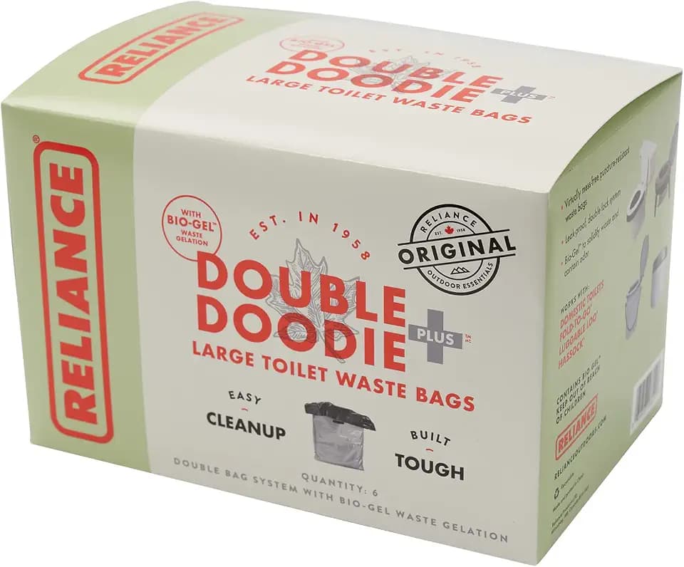 Reliance Products Double Doodie Plus with BIO-Gel | Large Portable Toilet Waste Bags | Family-Sized 6 Pack, Gray, 9.2 Inch x 4.9 Inch x 6.0 Inch