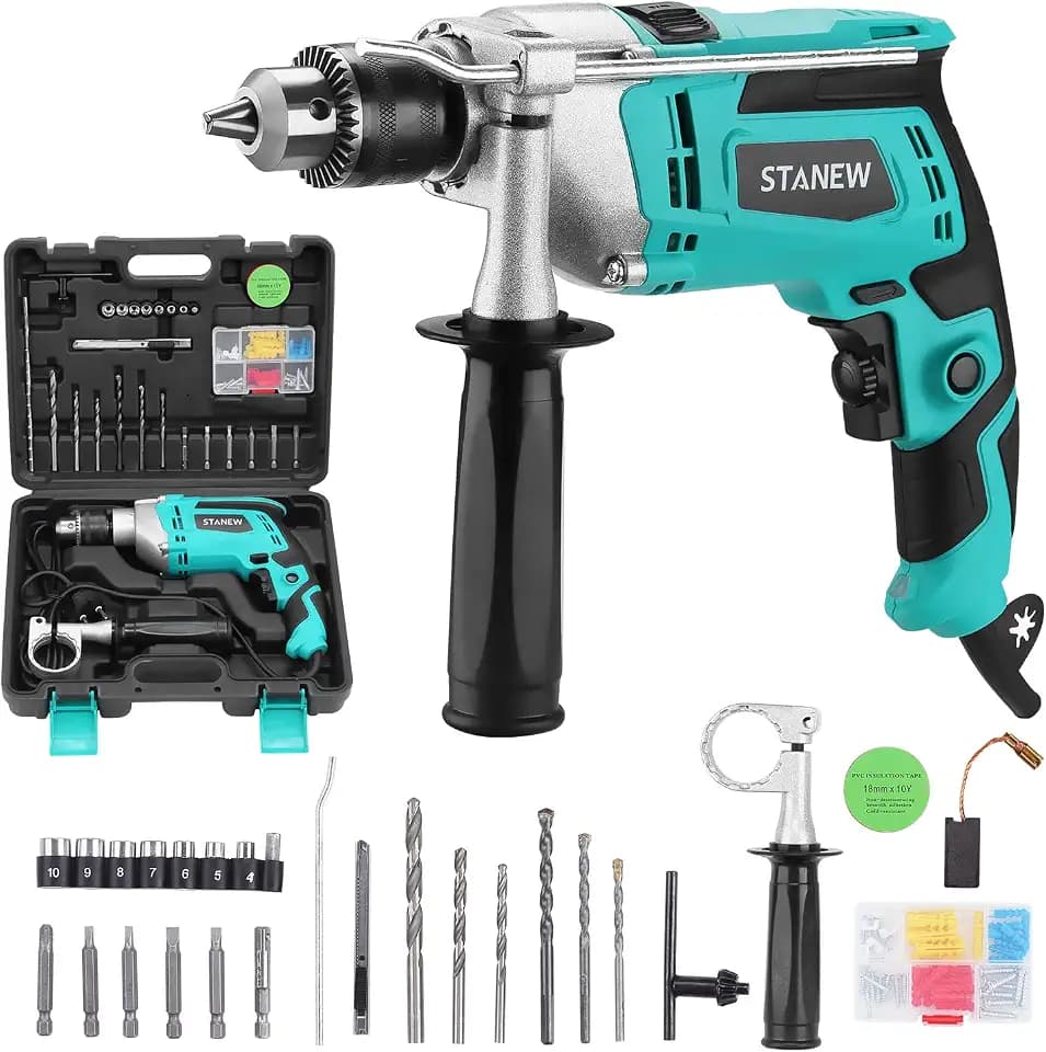 STANEW Schlagbohrmaschine 850W mit Kabel, 2 in 1 Schnur-Schlagbohrer 0–2700 U/min, 27 Zubehörteilen, 360° Drehgriff & 0-13mm Bohrfutter für Zement, Holz, Stahl