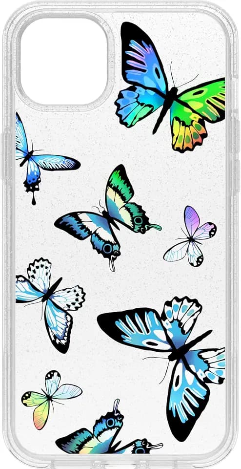 OtterBox iPhone 14 Plus Symmetry Series Case - Y2K BUTTERFLY (Clear/Blue), ultra-sleek, wireless charging compatible, raised edges protect camera & screen