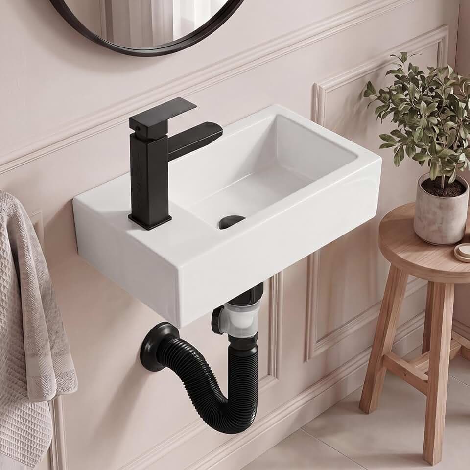 White Wall Mounted Ceramic Bathroom Sink, 18" x 10" Floating Vessel Sink