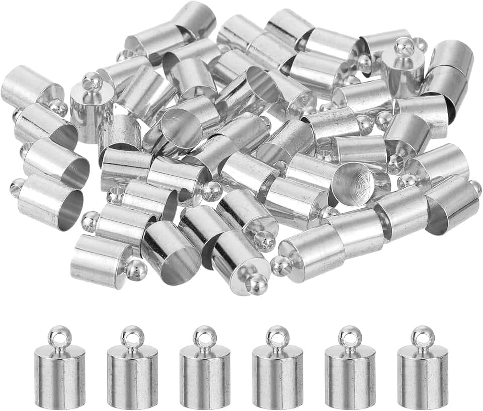 QUARKZMAN 50 Stück Lederkordel Endkappen, 7mm OD Säulenfassungen für DIY Herstellung Lederarmbändern Quasten, Rhodium Ton
