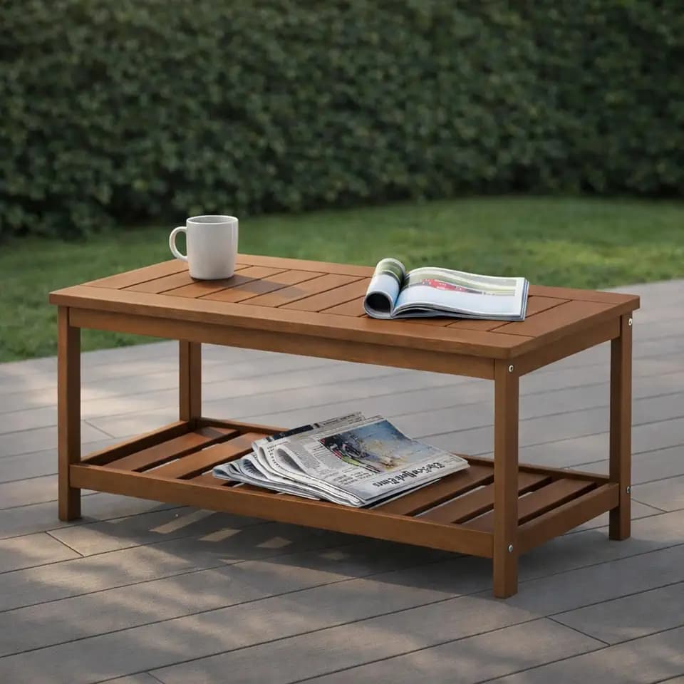 Furinno TIOMAN Patio Table, Outdoor Coffee Table with Shelf, Side Table for Patio Garden Porch, Teak Oil Finish, Light Wood