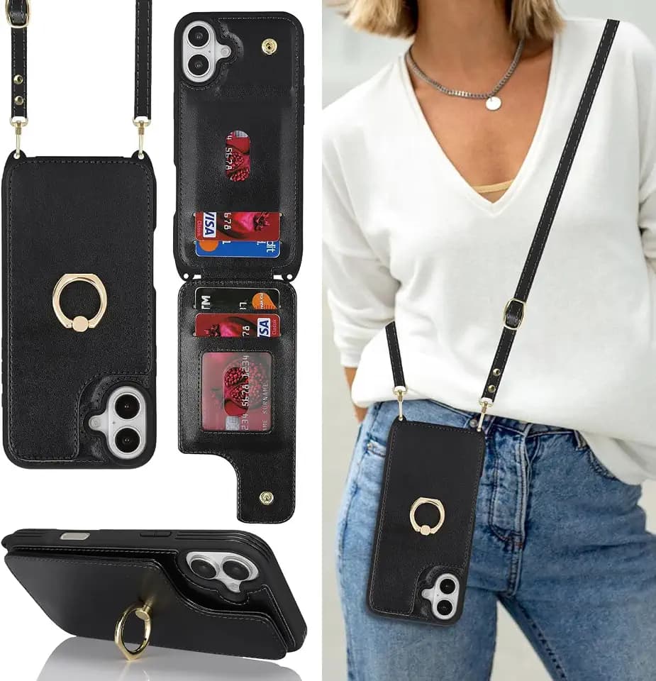 Lipvina Crossbody Wallet for iPhone 16 Case with Strap-Black