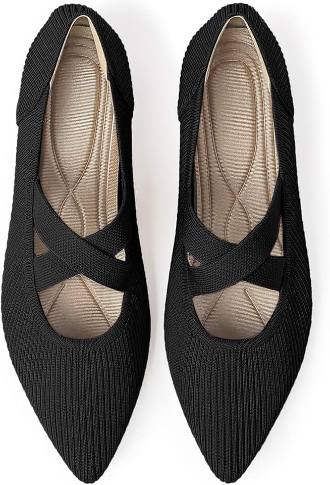 TINGRISE Womens Mary Jane Flats Knit Ballet Flats for Women Pointed Toe Dressy Comfortable Slip-On Flats Shoes for Work Casual