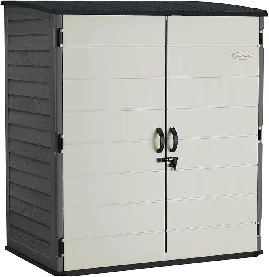 Suncast XL Vertical Storage Shed, 106 Cu Ft, Lockable Doors, Iron Ore Gray
