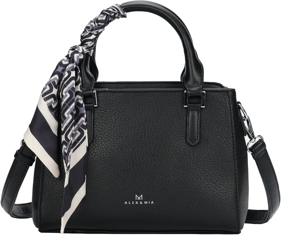 ALEX & MIA Small Top-Handle Bag for Women, Litchi Grain Vegan Leather Satchel with Detachable Decorative Accent