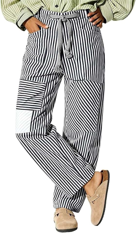 loveimgs Women Striped Barrel Jeans Baggy Wide Leg Denim Pants Drawstring