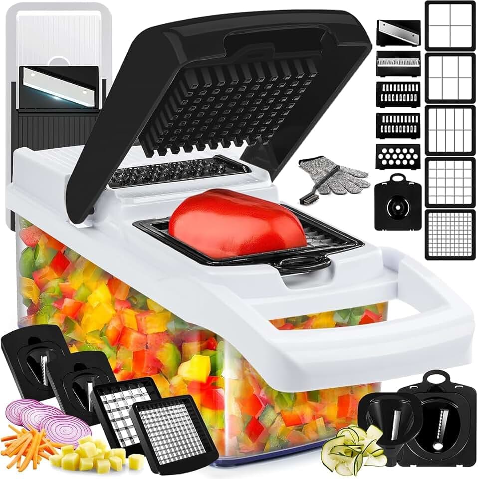 25-in-1 Multifunktionaler Gemüseschneider, 13 Lebensmittelqualitäts-Edelstahlklingen, Schneider-Würfeler-Spiralizer mit 1,25L Großvolumenbehälter, rutschfest und anti-cut, für Salate und Babynahrung