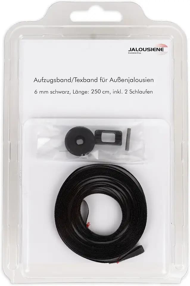 Reparatur-Set für Außenjalousien – Aufzugsband 6 × 0,33 mm (Schwarz 250cm) inkl. Texbandhalter & Endgummi – UV-beständig & wetterfest – Ersatzband für Jalousie & Raffstore – kompatibel mit Warema