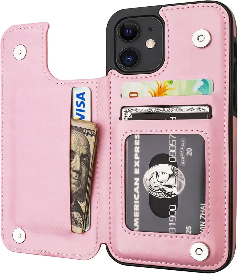 ONETOP for iPhone 12 & iPhone 12 Pro Wallet Case with Card Holder,Pink